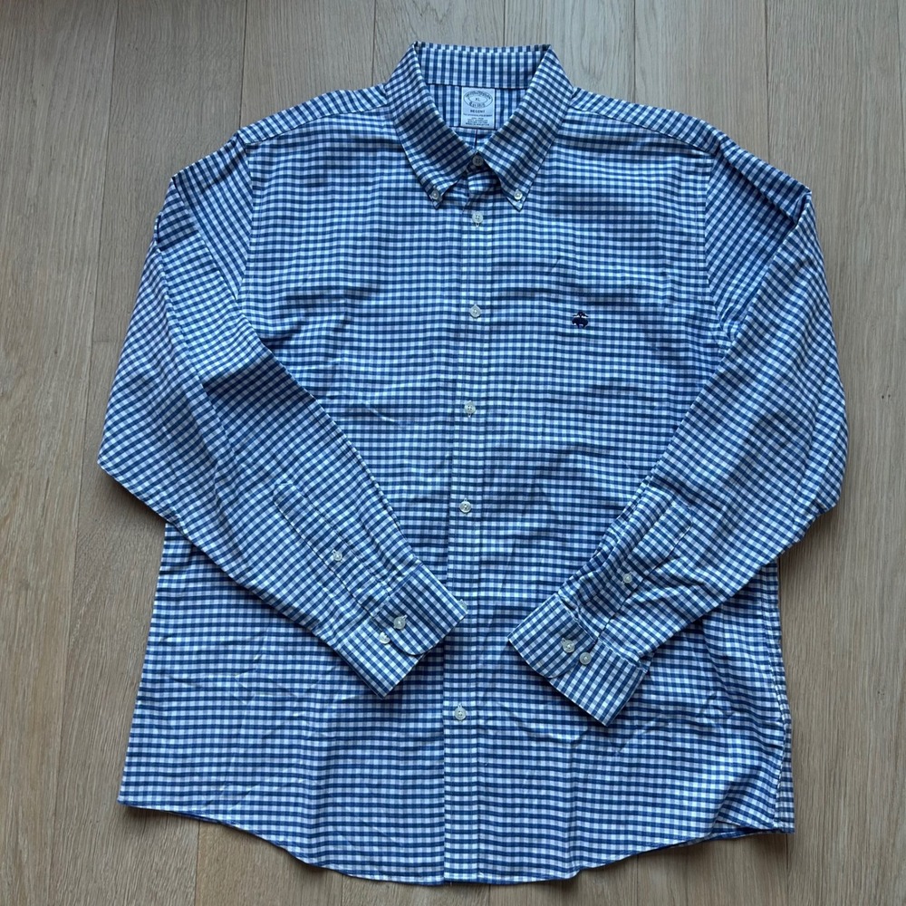 Brooks Brothers Button Down Shirt Mens XL Blue Gingham Regent Cotton Logo Preppy - Picture 3 of 9